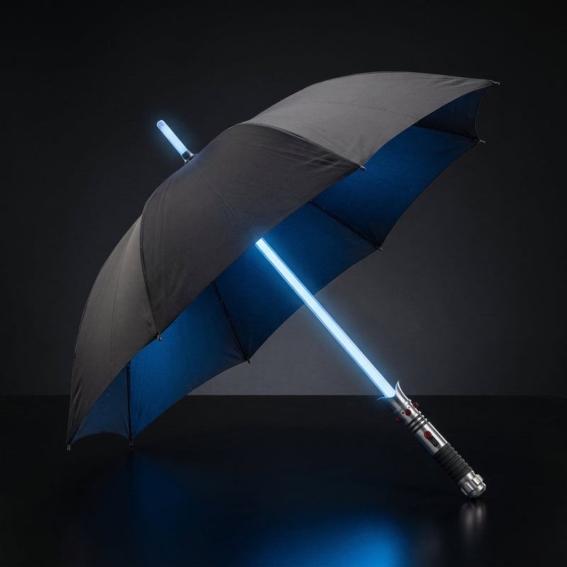 StarBrella LED umbrella open at an angle with the blue shaft lit