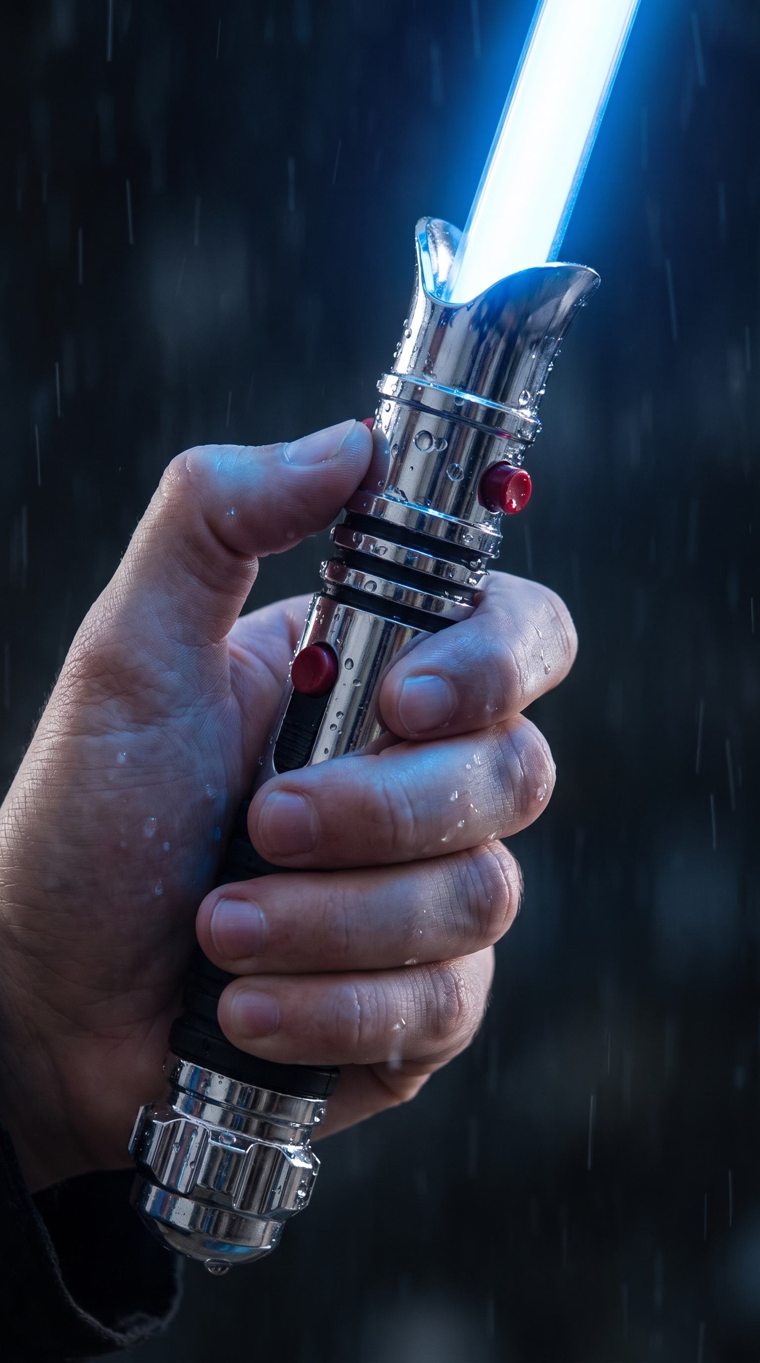 Hand holding the StarBrella in the rain, shaft glowing blue