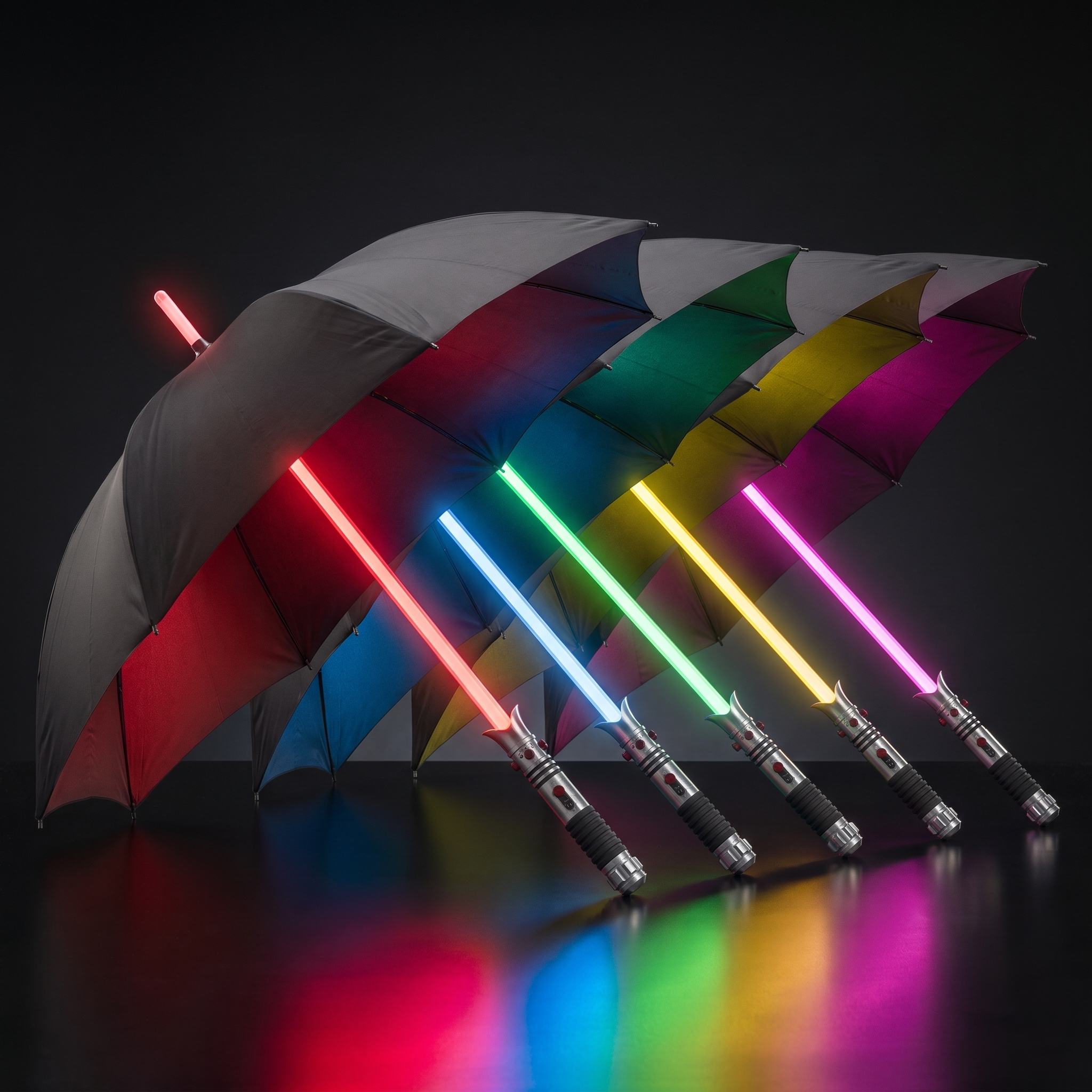 StarBrella umbrellas lit in red, blue, green, yellow and pink